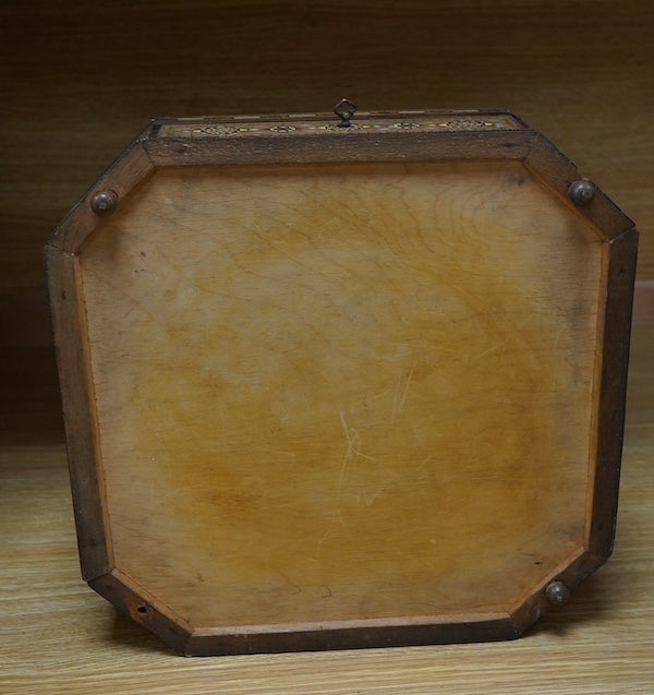 A 20th century Damascus ware heavily inlaid box, 31cm x 31cm. Condition - ball foot missing, inlay good